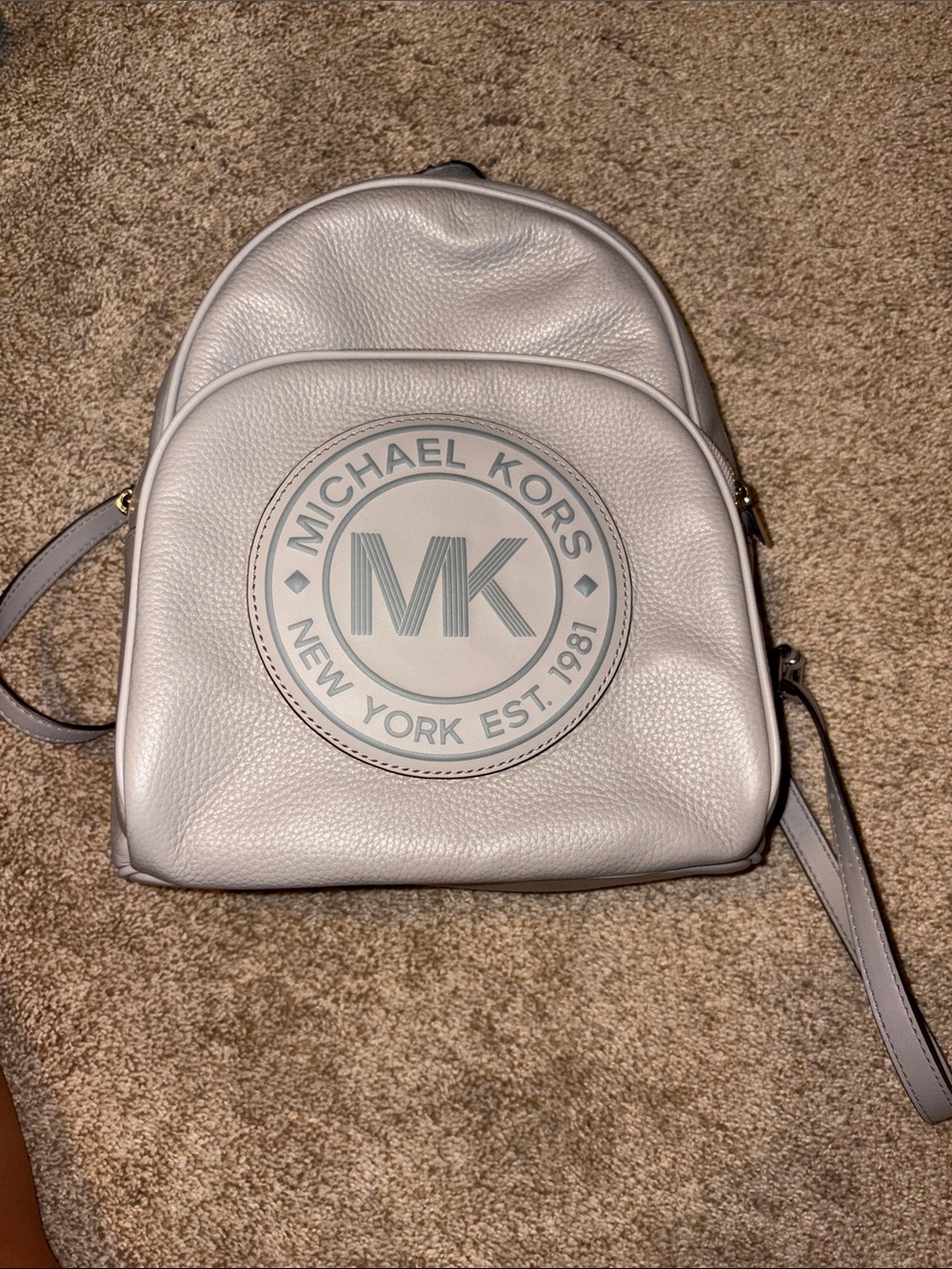 Michael Kors Light Gray Pebbled Leather MK Logo Backpack